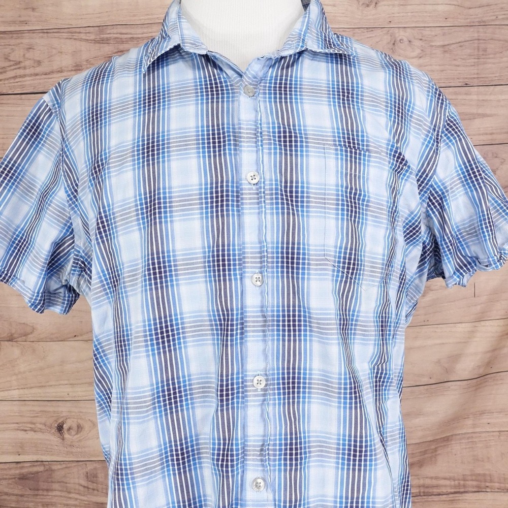 APT 9 Shirt Mens 2XL Blue Plaid Short Sleeve Slim Fit Button Front Cotton